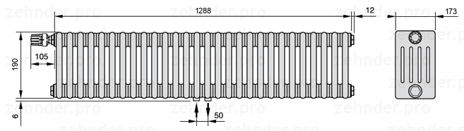 Схема (чертеж) Радиатор Zehnder Charleston 5019/28 №V007 Белый глянцевый RAL 9016